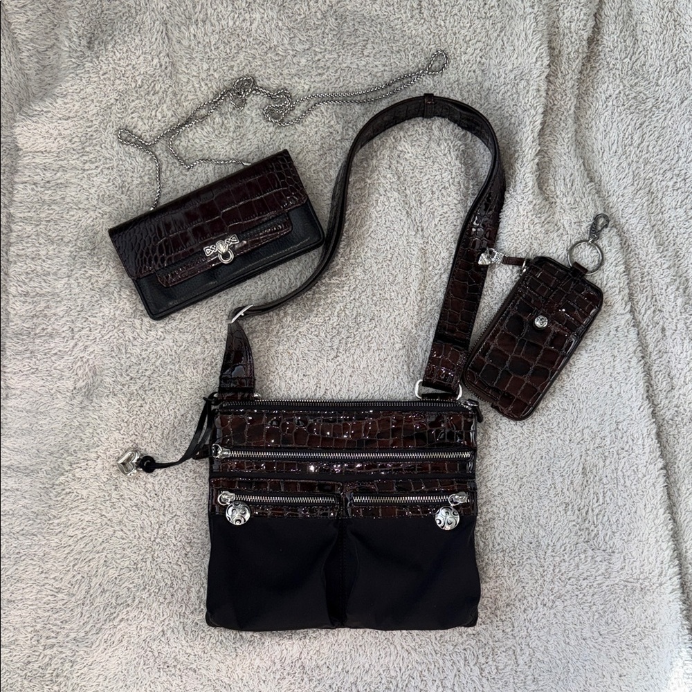 Brighton Go Go black nylon and brown croc-embossed patent leather set